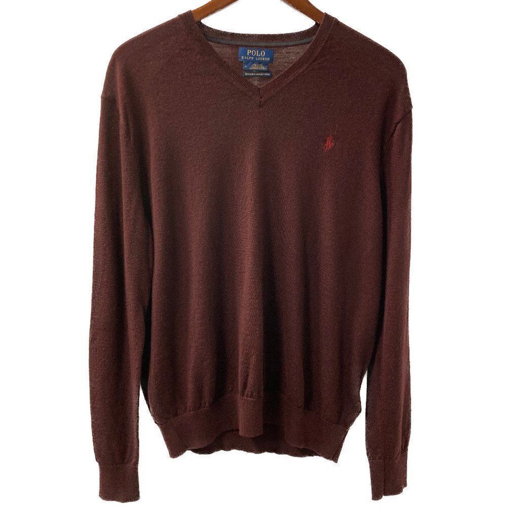 Polo Ralph Lauren Maroon Washable Merino Wool V-Neck Sweater Size Medium